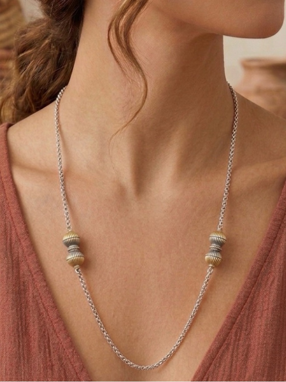 Konstantino Sterling 18k Gold Fluted Bead Station Toggle Necklace 18 inch